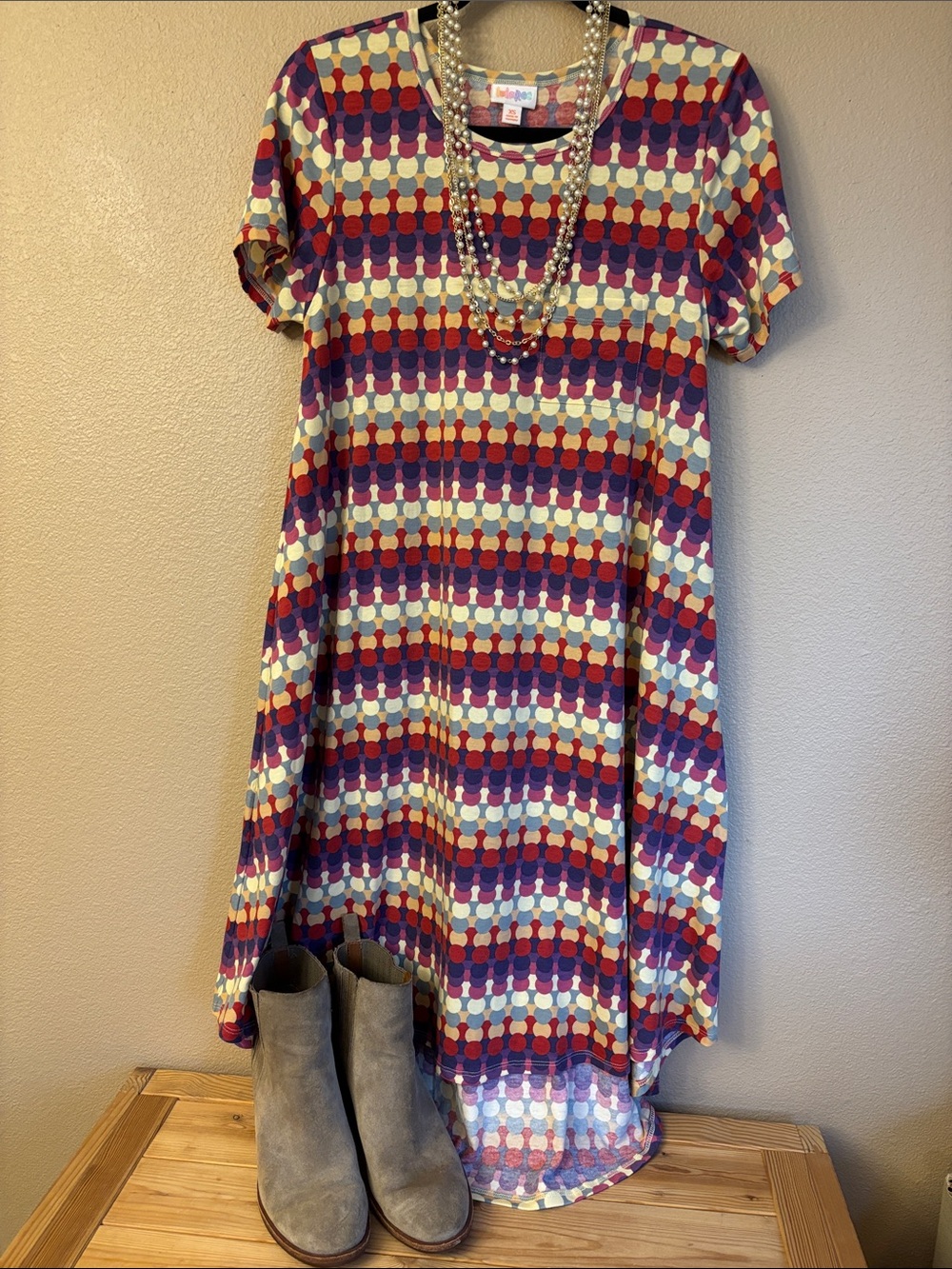 LuLaRoe CARLY Short Sleeve T-Shirt Dress High Low Multicolor Geometric Midi